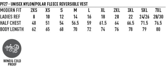 A size chart for a unisex reversible vest, displaying measurements for different sizes and a windproof feature.