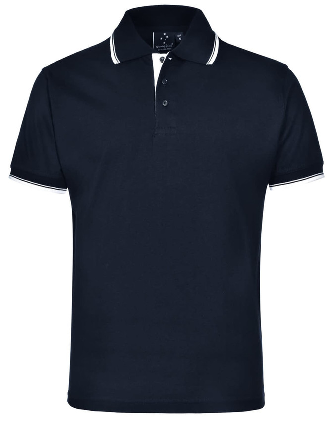 A black unisex polo shirt featuring contrast trim on the collar and sleeves, with a logo on the chest.