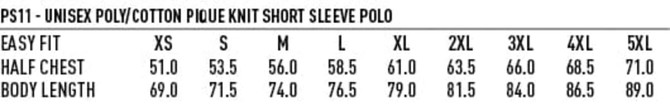 A chart displaying sizing measurements for a unisex traditional polo shirt, with columns for various sizes.