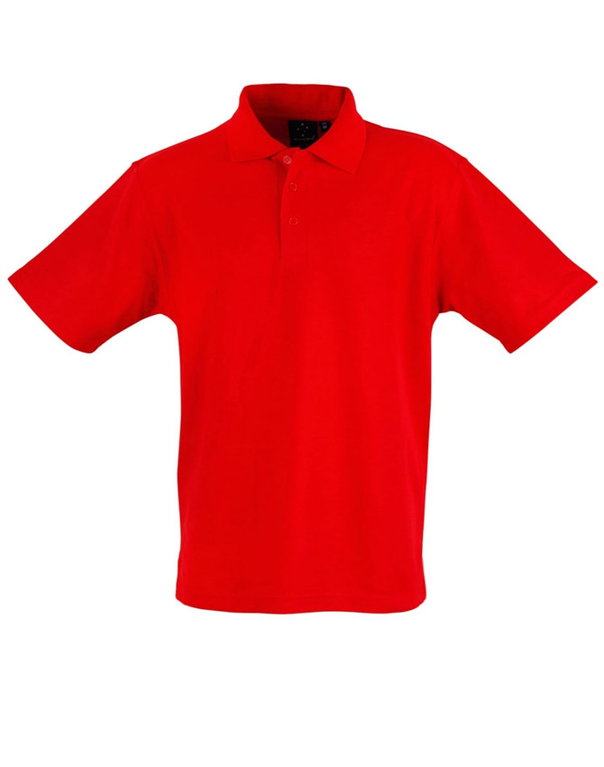 A red children's traditional polo shirt with a collar and short sleeves, featuring a logo.