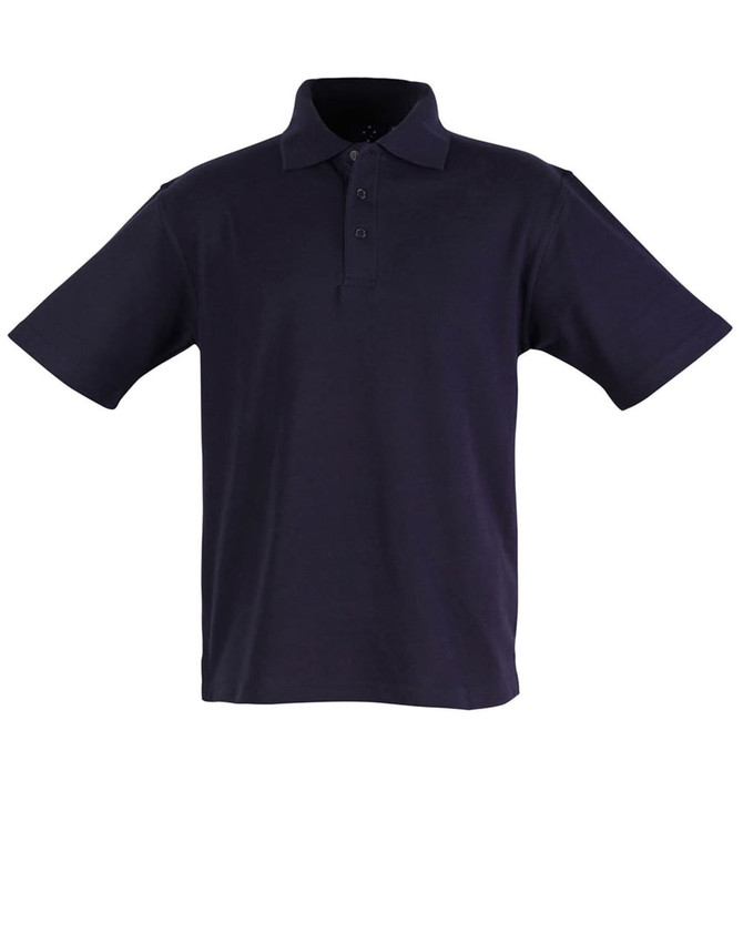 A navy blue children's polo shirt with a collar and short sleeves, featuring three buttons and a logo.