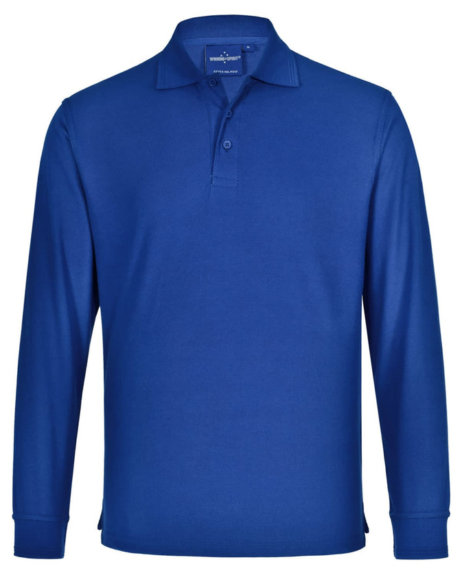 A blue unisex long sleeve polo shirt made from poly/cotton, featuring a collar and a logo.