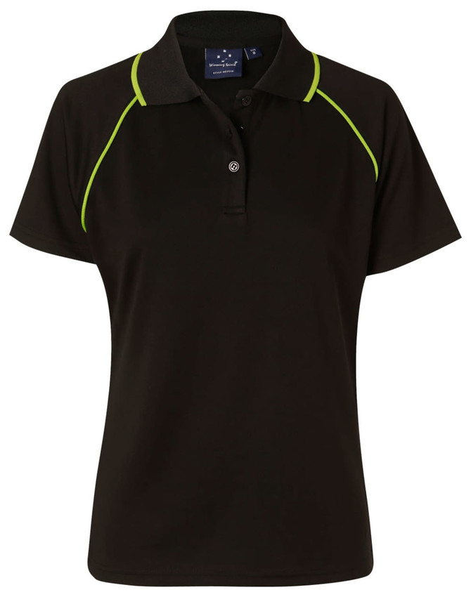 A black ladies polo shirt with green accent lines and a collar, featuring a logo on the front.