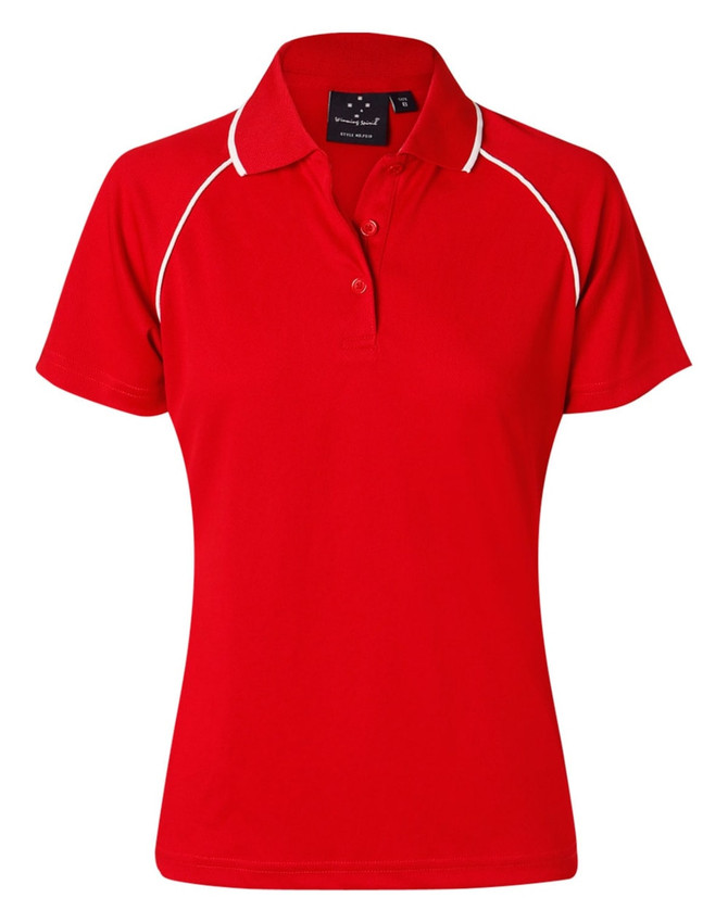 A red ladies polo shirt with short sleeves and a white trim, featuring a collar and a button placket.