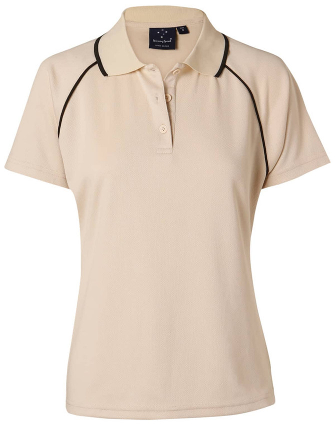 A cream ladies' polo shirt with a black trim, featuring a collar and short sleeves. Includes a branding logo.