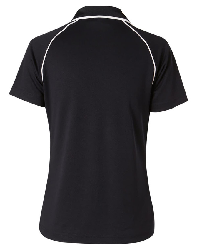 A black short-sleeve polo shirt with a raglan design and contrasting white piping, featuring a logo on the back.