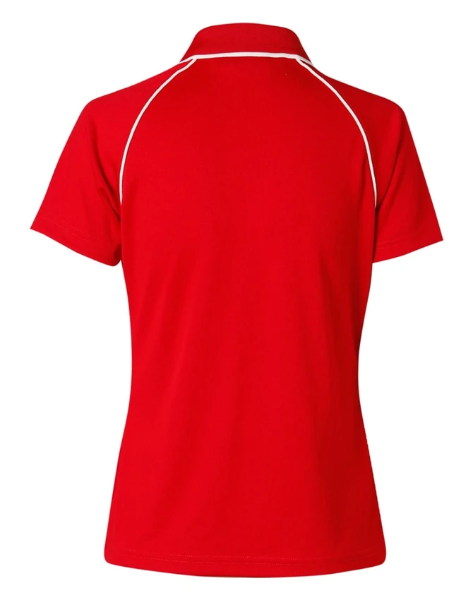 A red men's Cooldry raglan short-sleeve polo shirt featuring contrasting piping and a logo.