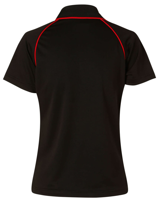 A black men's polo shirt featuring a cool-dry fabric and red accent piping, with a logo on the back.