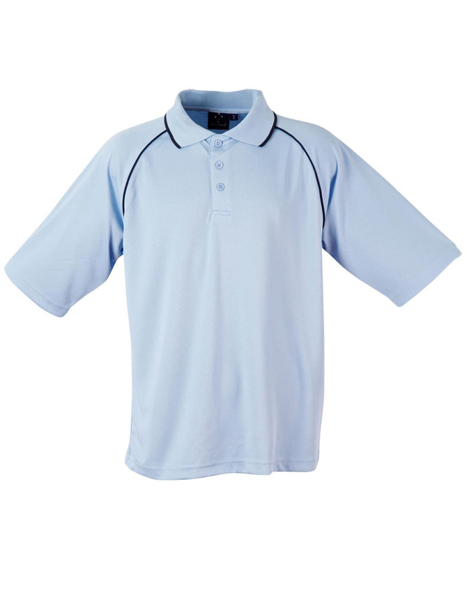 A light blue men's polo shirt featuring short sleeves and contrasting detailing, with a logo on the front.