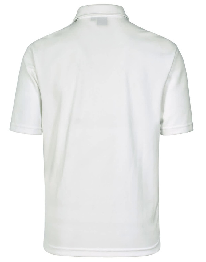 A white men's polo shirt with a classic collar and short sleeves, featuring a logo on the back.
