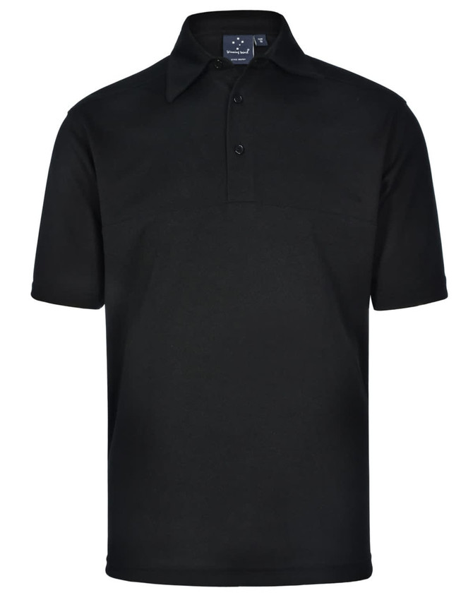 A black polo shirt featuring a collar and three buttons, displaying a logo on the chest.