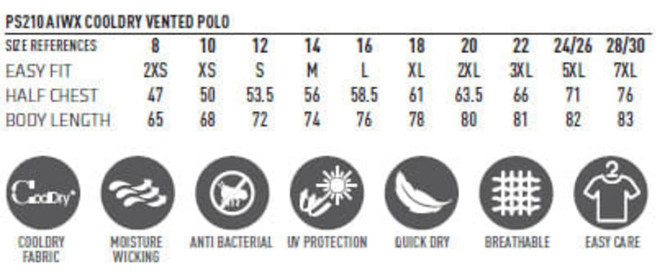 A chart displaying sizes and measurements for the AIWX Vented Cooldry Polo, featuring a logo and product details.