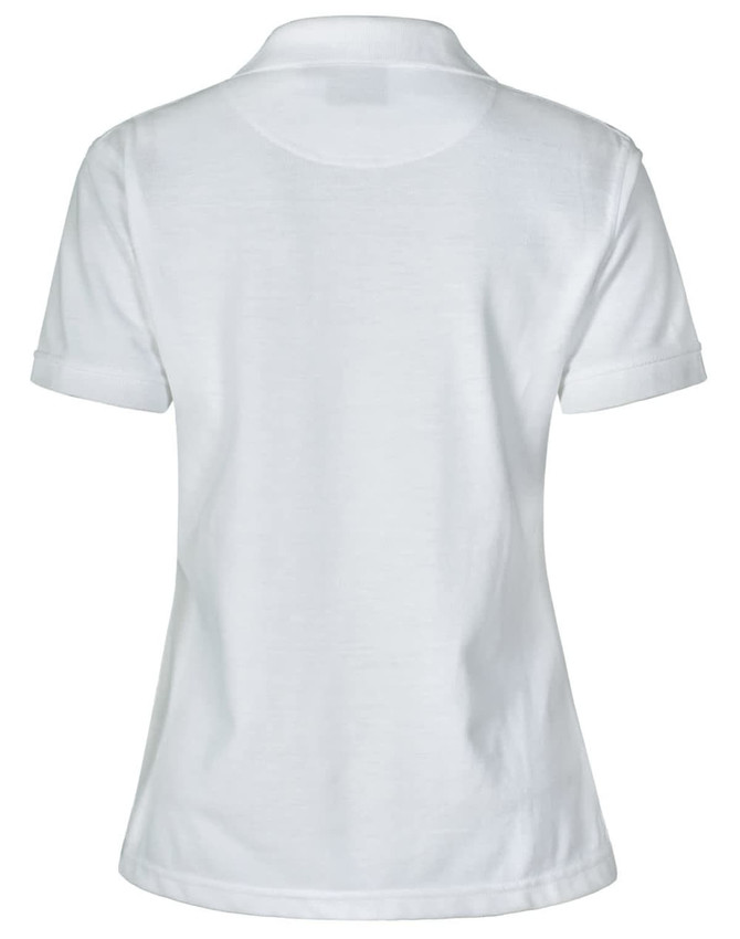 A white ladies' polo shirt featuring a short design and rolled sleeves, with a logo on the back.