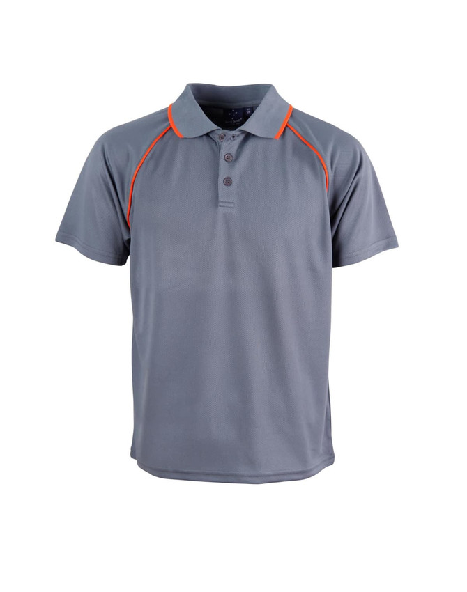 A grey polo shirt with orange accents, featuring a collared neckline and three buttons. It has a logo.