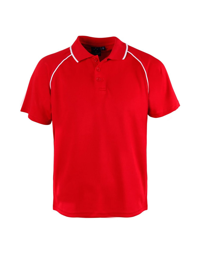A red polo shirt with a collar, featuring white accents and a logo on the chest.