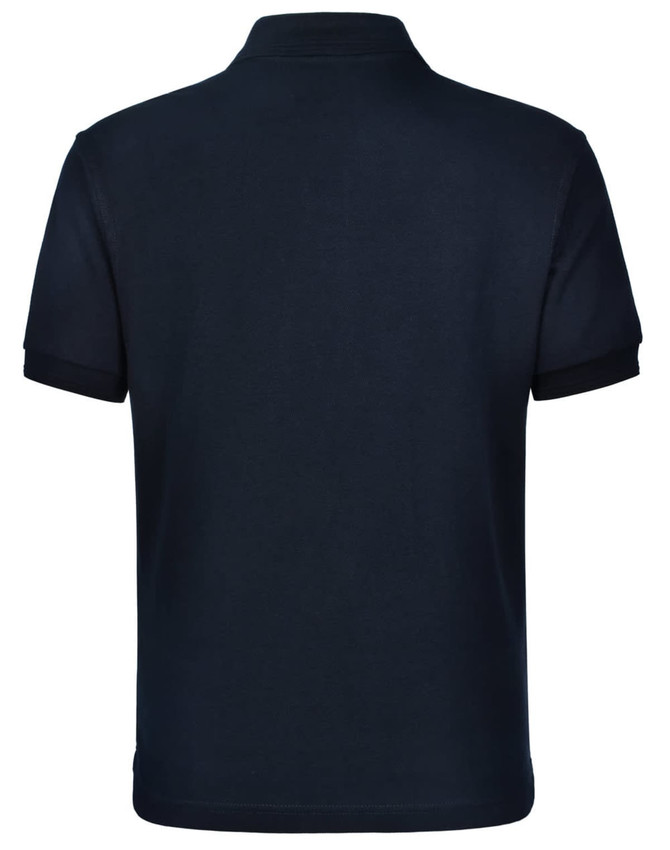 A navy blue men's polo shirt featuring a classic design and a branded logo.
