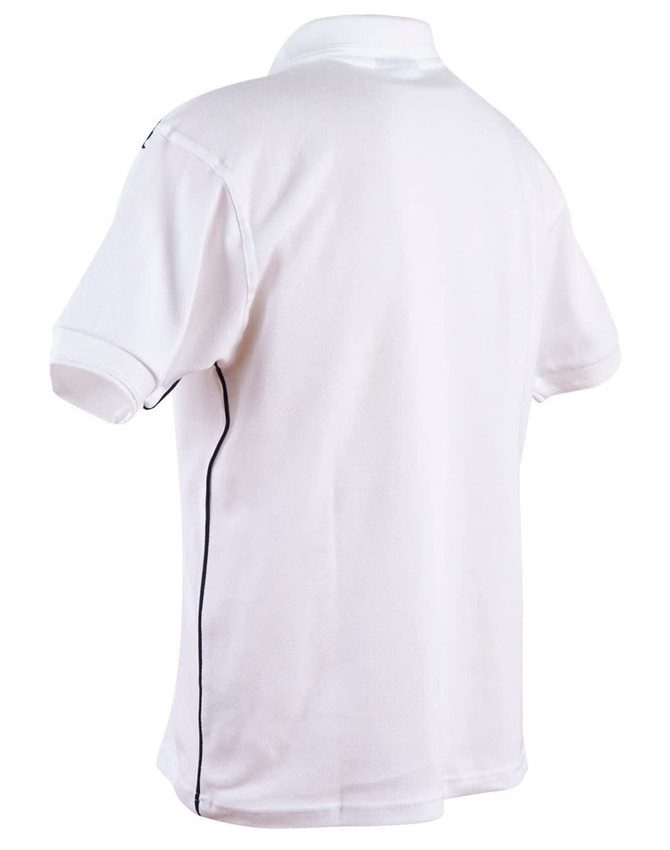A white men's polo shirt with contrasting black piping and branding on the back.