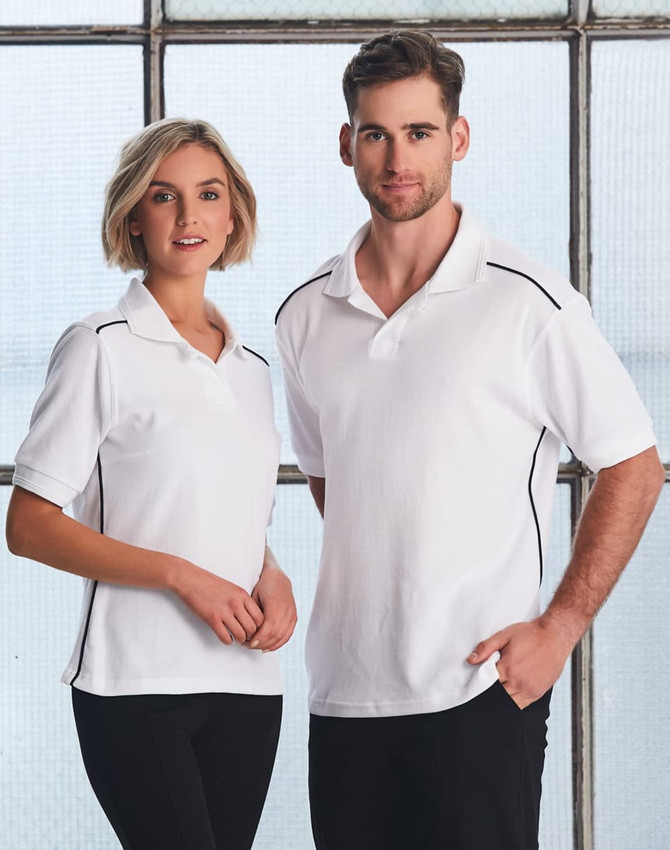 A white polo shirt featuring contrasting black side stripes, displayed on a male and female model.