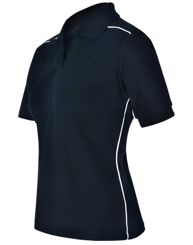 A navy polo shirt for ladies featuring contrast piping and a branded logo.