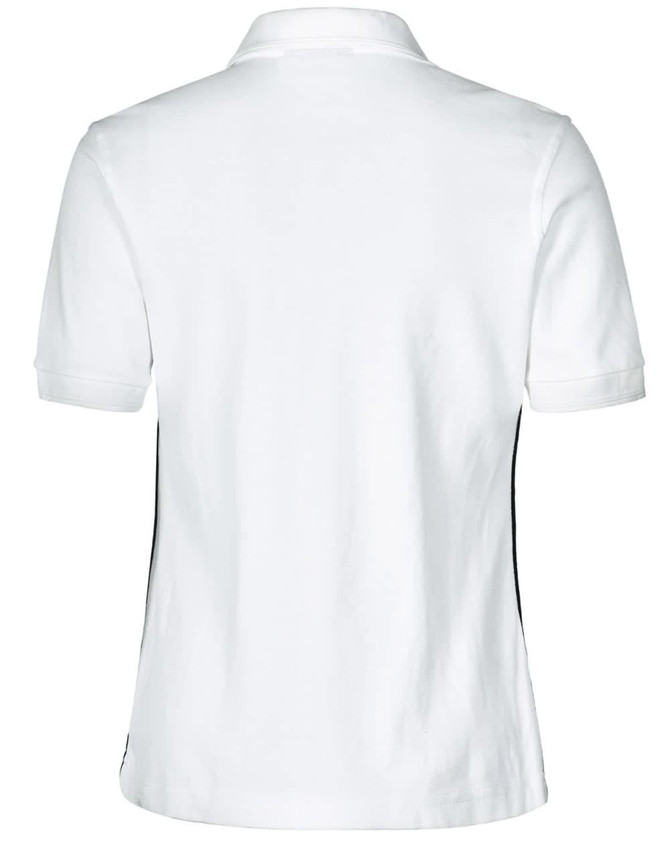 A white ladies' polo shirt featuring contrast piping on the sides and a classic collar. It has a simple design with a logo.