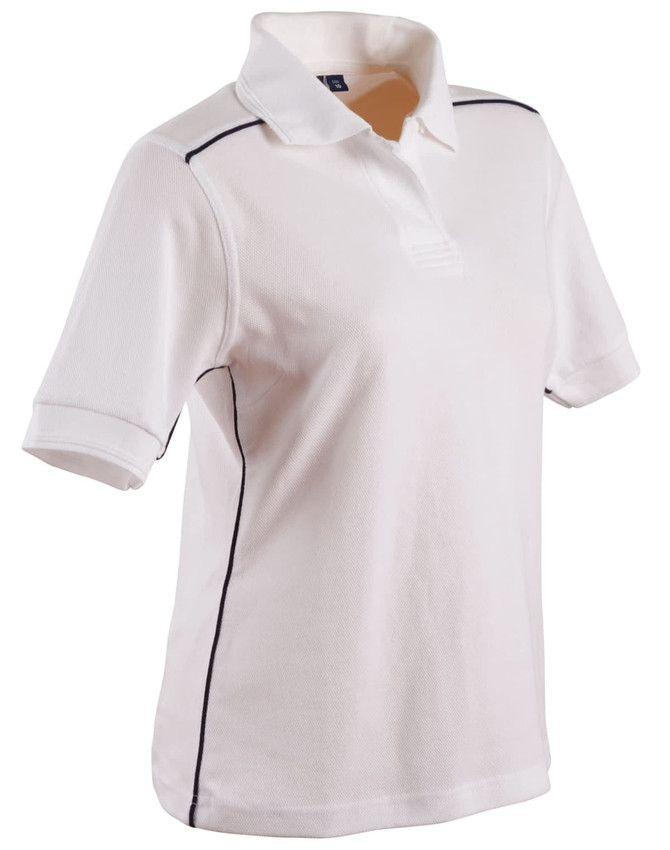 A ladies' pure cotton polo shirt in white with contrast piping along the seams. It features a collar and short sleeves.