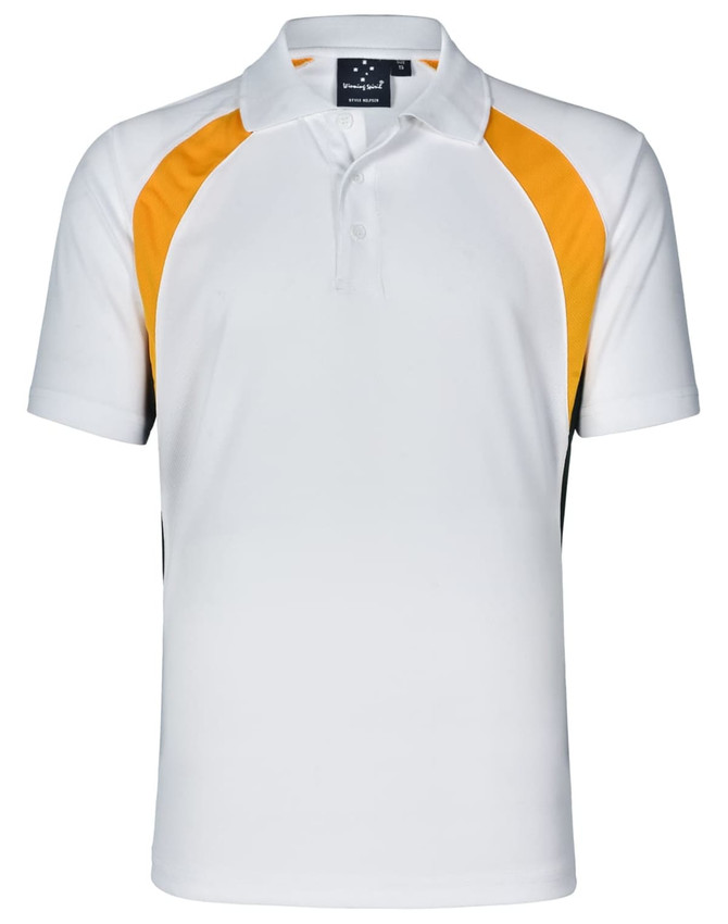 A men's polo shirt in white with orange and black accents, featuring a collar and a logo on the chest.