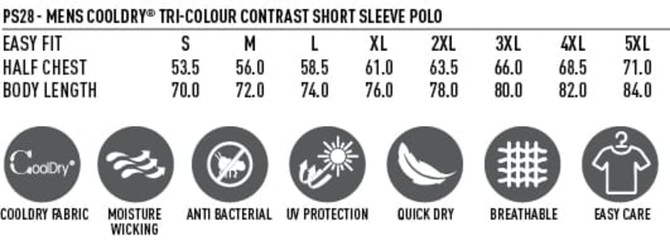 A men's tri-colour contrast short sleeve polo shirt in various sizes, featuring a logo and listing fabric properties.