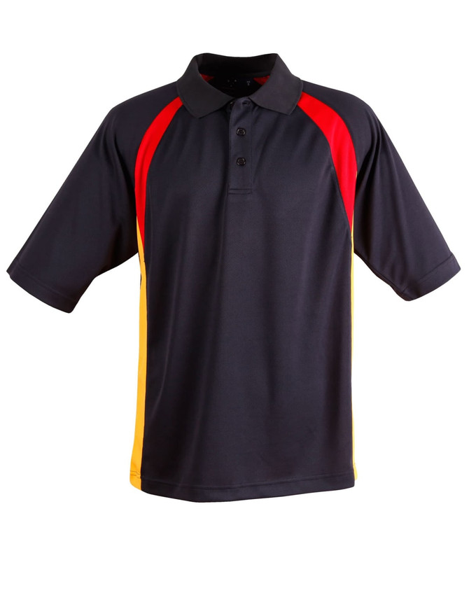 A navy blue polo shirt with red and yellow accent panels and a collar, featuring a logo.