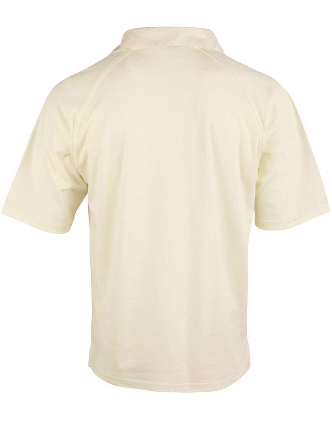 A light cream men's cricket polo shirt featuring short sleeves and a collar, with a logo on the fabric.