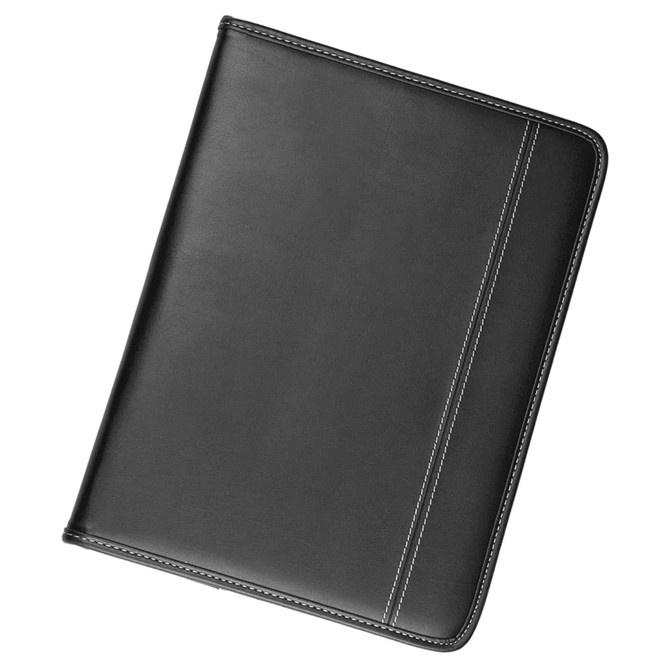 A4 Pad Cover in black with a sleek design and white stitching, featuring a logo on the surface.