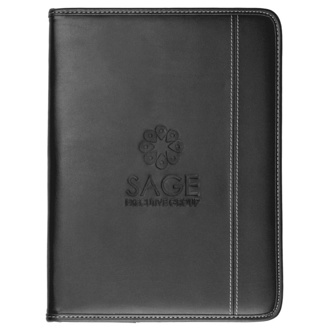 A black A4 pad cover featuring a textured surface and a logo embossed on the front.