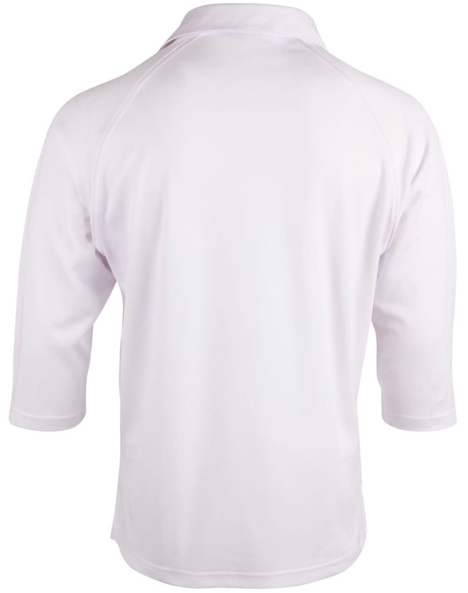 A mens 3/4 sleeve cricket polo in white, featuring a classic collar and a logo on the back.
