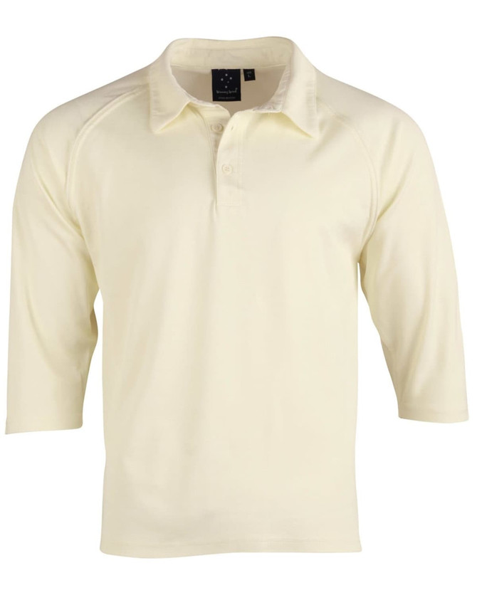 A light cream, men's 3/4 sleeve cricket polo shirt with a collar and a logo on the chest.