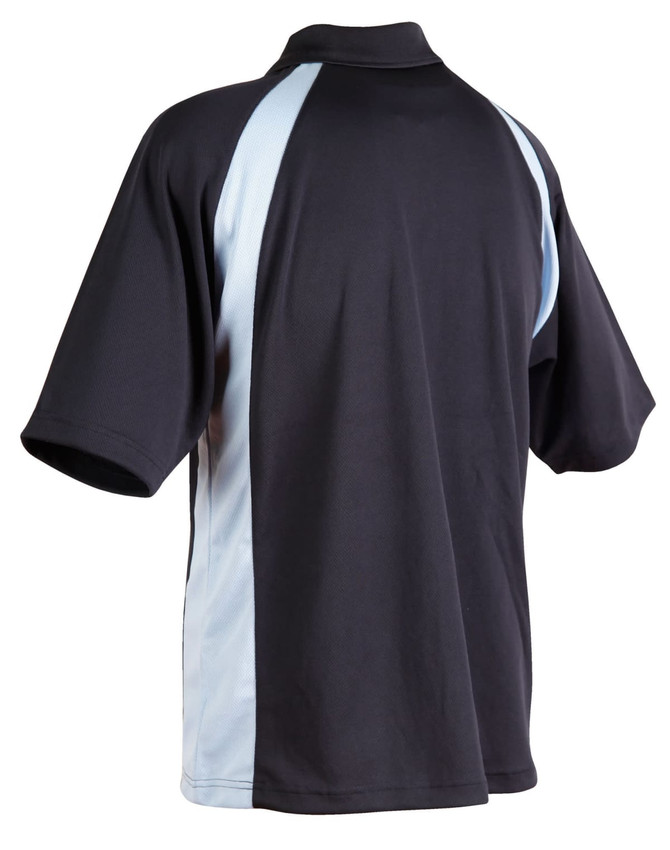 A black and light blue men's polo shirt with a standard collar and short sleeves, featuring a branded logo.
