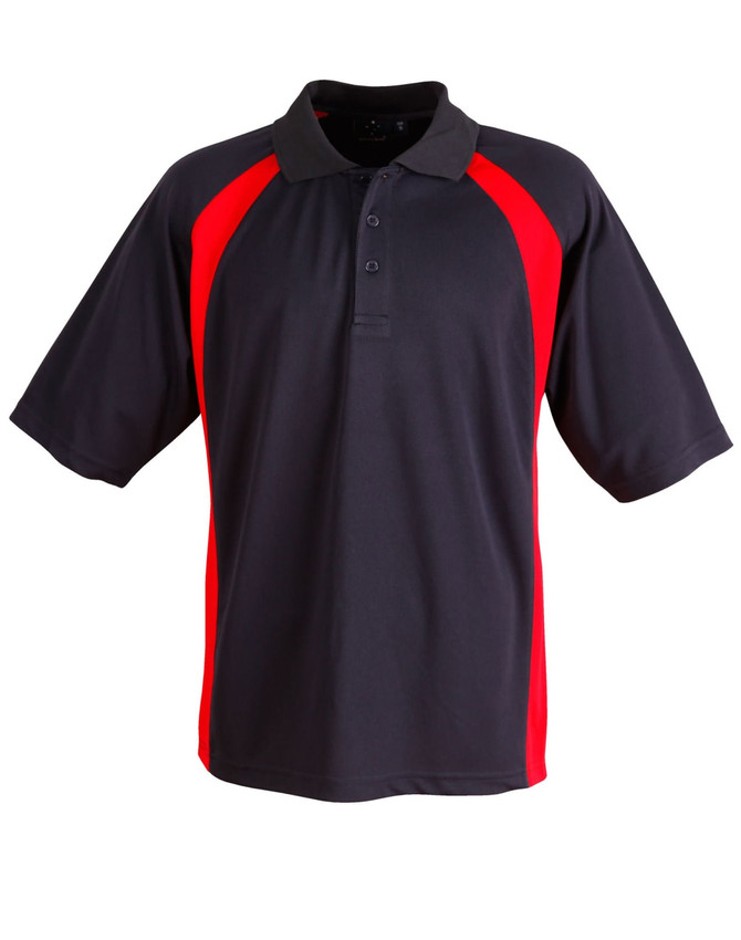 A black and red polo shirt with short sleeves and a collar, featuring a logo on the chest.