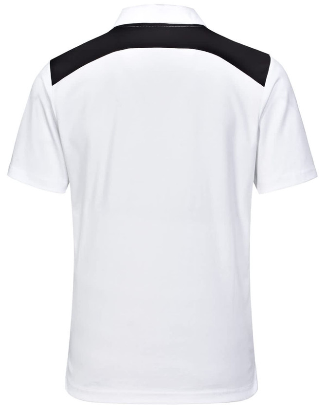 A white polo shirt with black accents on the shoulders and a logo on the back.