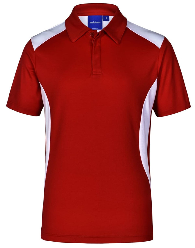 A red polo shirt with white side panels and a collar, featuring a small logo on the chest.