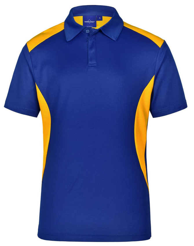 A blue and yellow Men's Winner Polo shirt with a collared neck and short sleeves, featuring a logo on the front.
