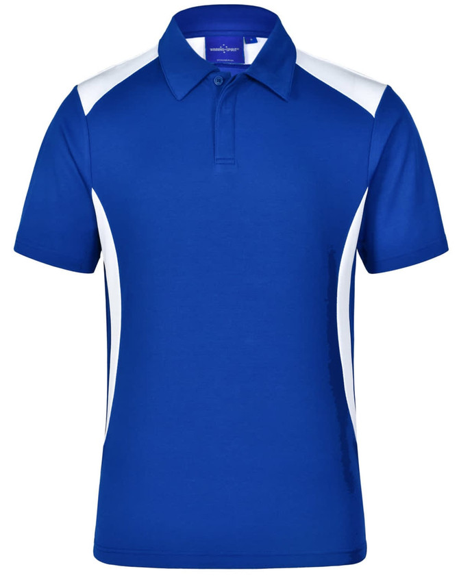 A blue polo shirt featuring white side accents and a collar, with a logo on the chest area.