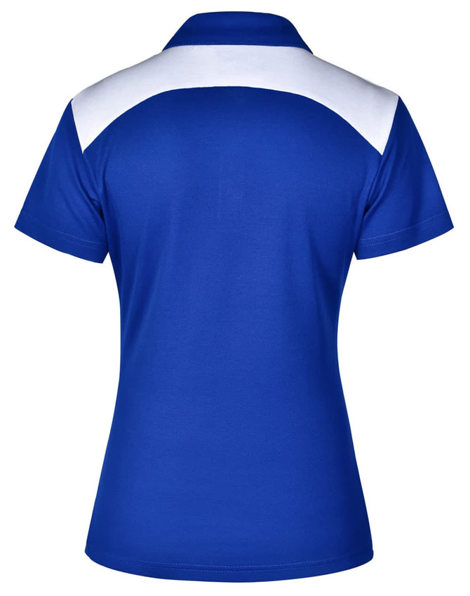 A ladies' polo shirt in royal blue with a white upper back section and a logo on the front.
