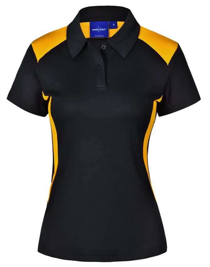 A black and yellow ladies' polo shirt featuring a collar and short sleeves, with a branding logo on the chest.