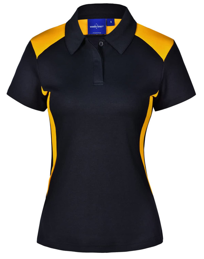 A black polo shirt with yellow side panels and a collar, featuring a logo on the chest.