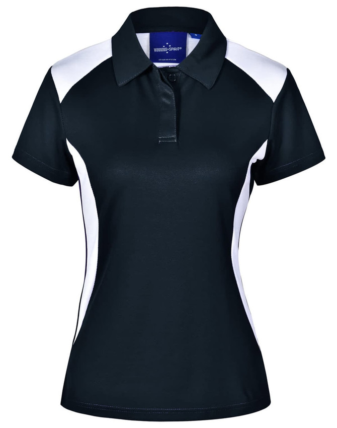 A black ladies' polo shirt with white side panels and a collar, featuring a logo on the chest.