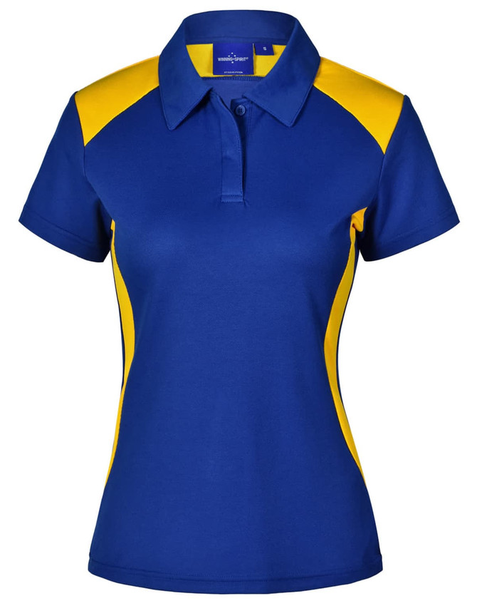 A blue and yellow ladies' polo shirt with a collar and a logo. It features colour-block design on the sides.