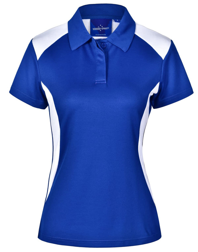 A blue and white women's polo shirt with a collar and short sleeves, featuring a logo on the front.