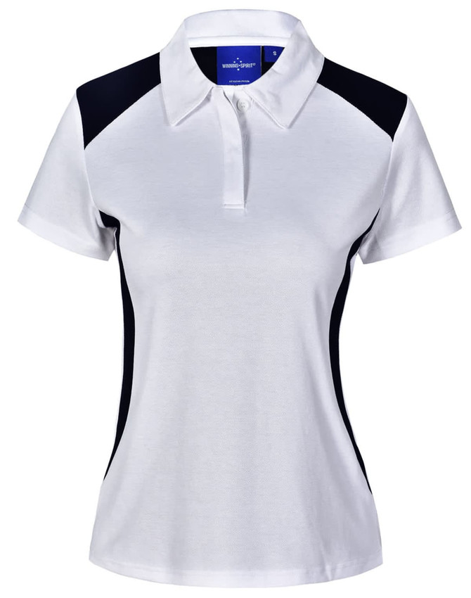 Ladies' Winner Polo shirt in white with black side panels and a collar. Features a logo on the chest.