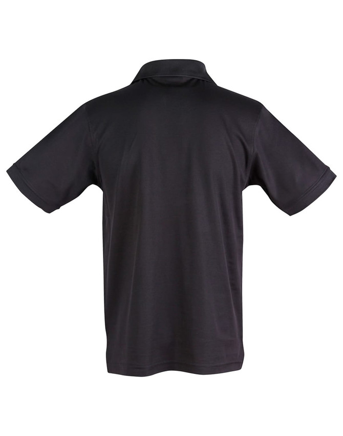 A black men's polo shirt displaying a classic design with short sleeves and a collared neckline. It features a logo.