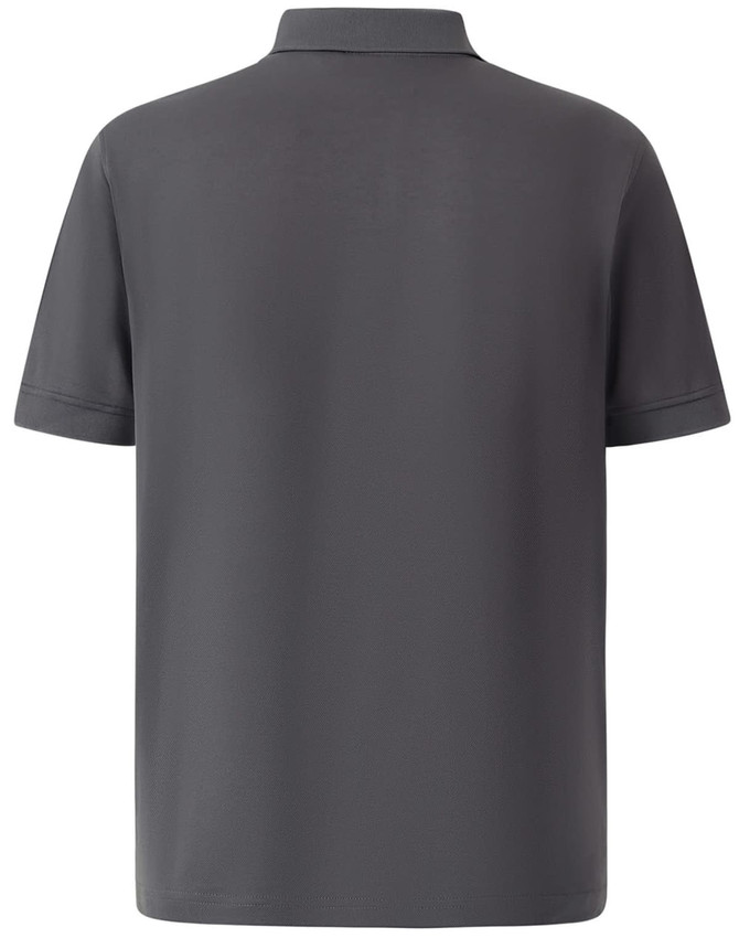 A grey men's polo shirt featuring a collar and short sleeves, with a logo on the back.
