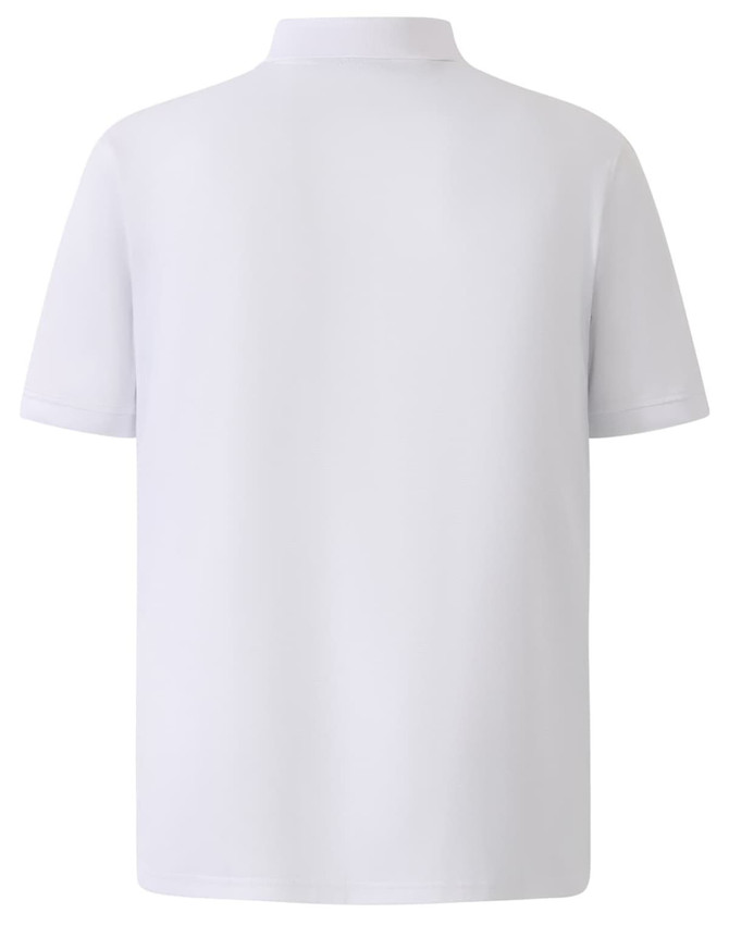 A plain white short-sleeve polo shirt with a collar and no visible branding.