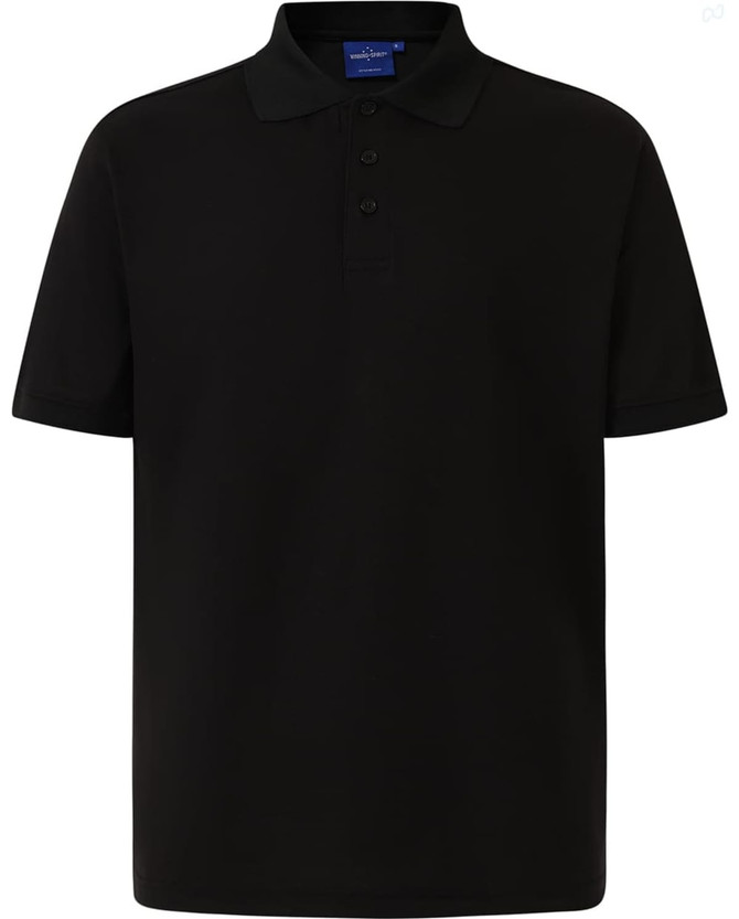 A black men's polo shirt featuring a collar, short sleeves, and a button placket. It has a logo on it.
